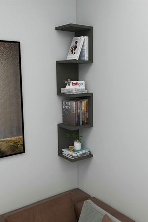 Bofigo Zikzak Kitaplık Köşe Kitaplık Duvar Rafı Dekoratif Raf Antrasit