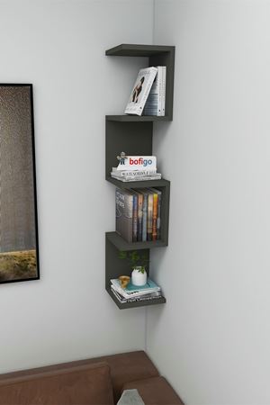 Bofigo Zikzak Kitaplık Köşe Kitaplık Duvar Rafı Dekoratif Raf Antrasit