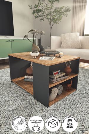 Bofigo Orta Sehpa 2 Raflı Sehpa Dekoratif Orta Sehpa Yiğit Çam-Antrasit