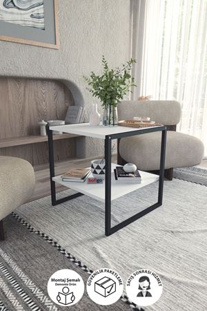 Bofigo 50x50 Metal Orta Sehpa Kare Orta Sehpa Raflı Kahve Sehpası Beyaz