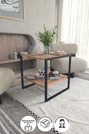 Bofigo 50x50 Metal Orta Sehpa Kare Orta Sehpa Raflı Kahve Sehpası Çam