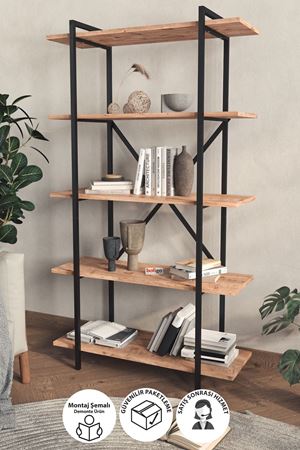 Bofigo Dekoratif 5 Raflı Kitaplık Metal Kitaplık Teos Demonte Kitaplık Çam
