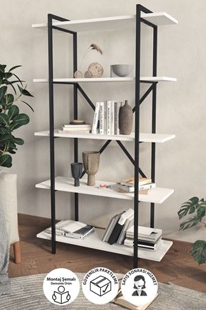 Bofigo Dekoratif 5 Raflı Kitaplık Metal Kitaplık Teos Demonte Kitaplık Beyaz