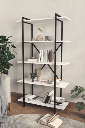 Bofigo Dekoratif 5 Raflı Kitaplık Metal Kitaplık Teos Demonte Kitaplık Beyaz