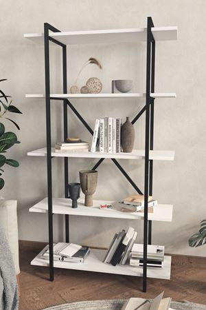 Bofigo Dekoratif 5 Raflı Kitaplık Metal Kitaplık Teos Demonte Kitaplık Beyaz