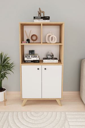 Bofigo Dekoratif Kitaplık 2 Kapaklı 5 Bölmeli Kitaplık Smyrna Safir Meşe Beyaz