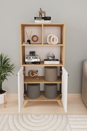 Bofigo Dekoratif Kitaplık 2 Kapaklı 5 Bölmeli Kitaplık Smyrna Safir Meşe Beyaz