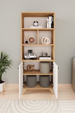 Bofigo Dekoratif Kitaplık 2 Kapaklı 6 Bölmeli Kitaplık Smyrna Safir Meşe Beyaz