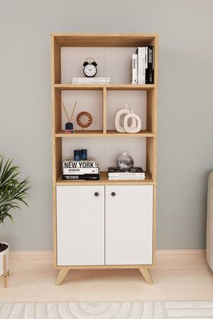 Bofigo Dekoratif Kitaplık 2 Kapaklı 6 Bölmeli Kitaplık Smyrna Safir Meşe Beyaz