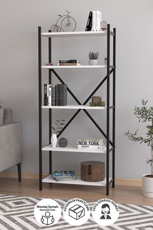 Bofigo 5 Raflı Kitaplık Dekoratif Kitaplık Metal Kitaplık Ofis Kitaplığı Aksesuar Rafı Troya Beyaz