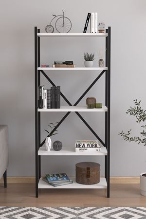 Bofigo 5 Raflı Kitaplık Dekoratif Kitaplık Metal Kitaplık Ofis Kitaplığı Aksesuar Rafı Troya Beyaz