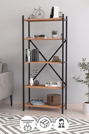 Bofigo 5 Raflı Kitaplık Dekoratif Kitaplık Metal Kitaplık Ofis Kitaplığı Aksesuar Rafı Troya Çam