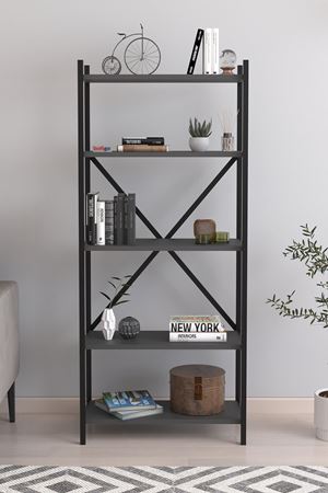 Bofigo 5 Raflı Kitaplık Dekoratif Kitaplık Metal Kitaplık Ofis Kitaplığı Aksesuar Rafı Troya Antrasit