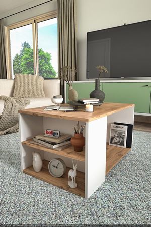 Bofigo Orta Sehpa 2 Raflı Sehpa Dekoratif Orta Sehpa Yiğit Çam-Beyaz