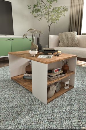 Bofigo Orta Sehpa 2 Raflı Sehpa Dekoratif Orta Sehpa Yiğit Çam-Beyaz