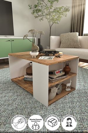 Bofigo Orta Sehpa 2 Raflı Sehpa Dekoratif Orta Sehpa Yiğit Çam-Beyaz