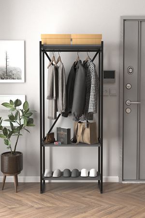 Bofigo Metal Portmanto Elbise Askılığı Vestiyer Ayakkabılık Antrasit