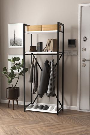 Bofigo Metal Portmanto Elbise Askılığı Vestiyer Ayakkabılık Beyaz