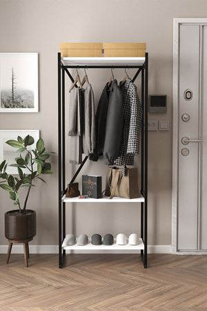 Bofigo Metal Portmanto Elbise Askılığı Vestiyer Ayakkabılık Beyaz