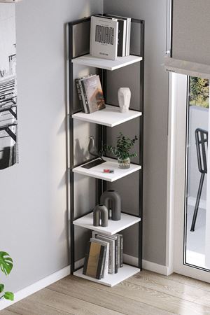 Bofigo 5 Raflı Metal Köşe Kitaplık Rafı Dekoratif Aksesuar Rafı Selanik 180 cm Beyaz 
