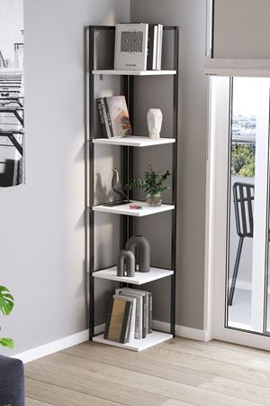 Bofigo 5 Raflı Metal Köşe Kitaplık Rafı Dekoratif Aksesuar Rafı Selanik 180 cm Beyaz 
