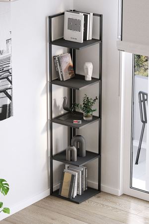 Bofigo 5 Raflı Metal Köşe Kitaplık Rafı Dekoratif Aksesuar Rafı Selanik 180 cm Antrasit