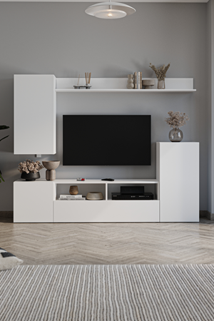 Bofigo Tv Ünitesi Duvara Monte Raflı Duvara Monte Dolaplı Tv Sehpası Rodos Beyaz