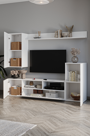 Bofigo Tv Ünitesi Duvara Monte Raflı Duvara Monte Dolaplı Tv Sehpası Rodos Beyaz