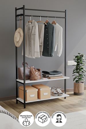 Bofigo Konfeksiyon Askısı Ayaklı Askılık Elbise Askılığı Raflı Askılık Jüpiter Beyaz