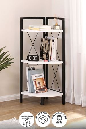 Bofigo 3 Raflı Metal Köşe Kitaplık Rafı Dekoratif Aksesuar Rafı Beyaz 