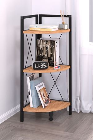 Bofigo 3 Raflı Metal Köşe Kitaplık Rafı Dekoratif Aksesuar Rafı Çam