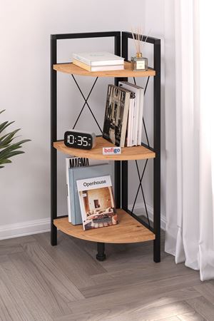 Bofigo 3 Raflı Metal Köşe Kitaplık Rafı Dekoratif Aksesuar Rafı Çam