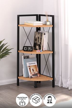 Bofigo 3 Raflı Metal Köşe Kitaplık Rafı Dekoratif Aksesuar Rafı Çam