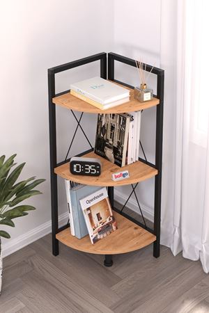 Bofigo 3 Raflı Metal Köşe Kitaplık Rafı Dekoratif Aksesuar Rafı Çam