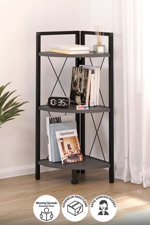 Bofigo 3 Raflı Metal Köşe Kitaplık Rafı Dekoratif Aksesuar Rafı Antrasit