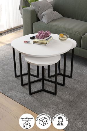 Bofigo 4lü Orta Sehpa Yan Sehpa Dekoratif Sehpa Metal Sehpa Yonca Beyaz