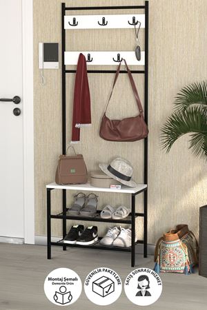 Bofigo 3 Raflı Metal Portmanto Elbise Askılığı Vestiyer Ayakkabılık Samanyolu Beyaz