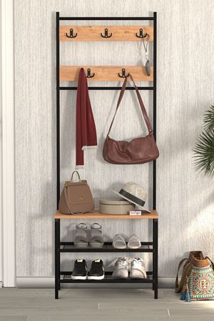 Bofigo 3 Raflı Metal Portmanto Elbise Askılığı Vestiyer Ayakkabılık Samanyolu Çam