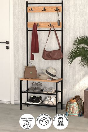 Bofigo 3 Raflı Metal Portmanto Elbise Askılığı Vestiyer Ayakkabılık Samanyolu Çam