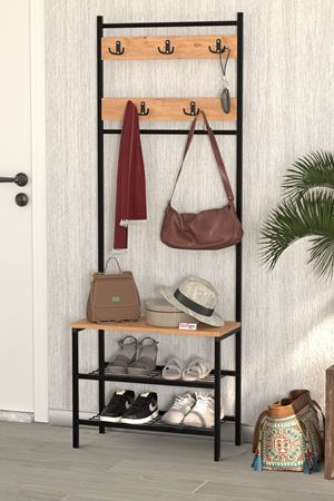 Bofigo 3 Raflı Metal Portmanto Elbise Askılığı Vestiyer Ayakkabılık Samanyolu Çam