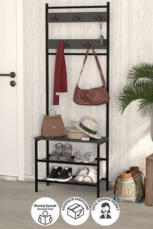 Bofigo 3 Raflı Metal Portmanto Elbise Askılığı Vestiyer Ayakkabılık Samanyolu Antrasit