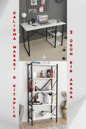 60x120 Cm 2 Shelves Metal Study Desk + 5 Shelves Metal Bookshelf Set WHITE