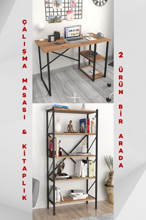 60x120 Cm 2 Shelves Metal Study Desk + 5 Shelves Metal Bookshelf Set PINE 