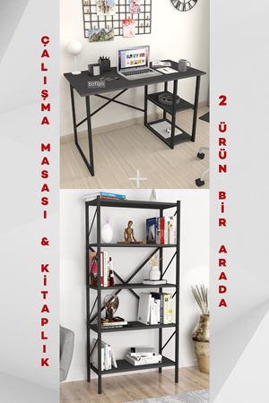 Bofigo 2 Raflı Çalışma Masası Bilgisayar Masası Ofis Ders Masası Kafka + 5 Raflı Kitaplık Metal Kitaplık Agora Antrasit