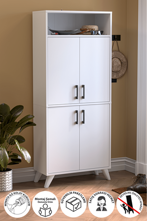 Bofigo 4 Kapaklı Ayakkabılık 9 Bölmeli Ayakkabılık Çok Amaçlı Dolap Beste Beyaz