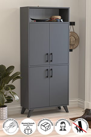 Bofigo 4 Kapaklı Ayakkabılık 9 Bölmeli Ayakkabılık Çok Amaçlı Dolap Beste Antrasit