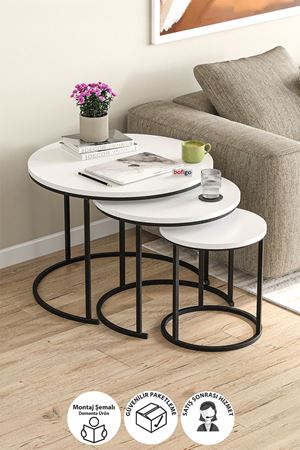 Bofigo 3lü Orta Sehpa Zigon Sehpa Yan Sehpa Kahve Sehpası Kamer Beyaz