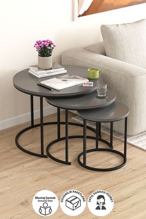 Bofigo 3lü Orta Sehpa Zigon Sehpa Yan Sehpa Kahve Sehpası Kamer Antrasit