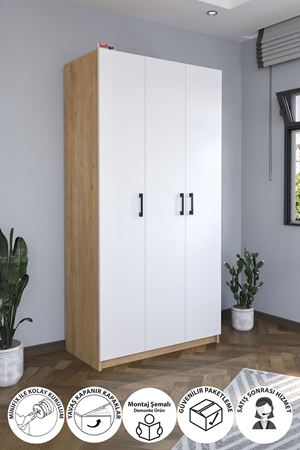 Bofigo 3 Kapaklı 8 Raflı Gardırop Elbise Dolabı 3 Kapaklı Gardırop Smyrna Safir Meşe Beyaz