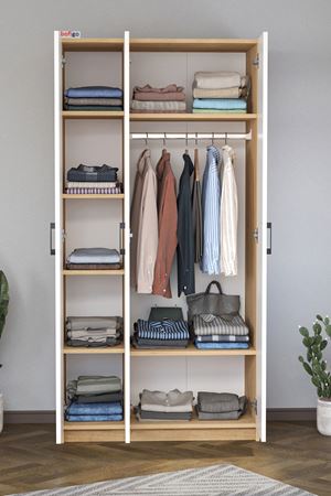 Bofigo 3 Kapaklı 8 Raflı Gardırop Elbise Dolabı 3 Kapaklı Gardırop Smyrna Safir Meşe Beyaz